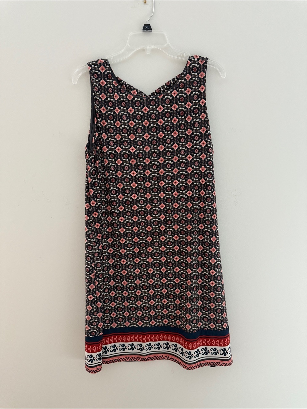 Sleeveless Black and Pink Printed Shift Dress with Contrasting Hem